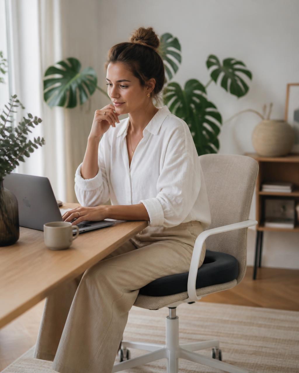 Junge Frau arbeitet im Home Office auf dem BackPal OrthoPro Sitzkissen