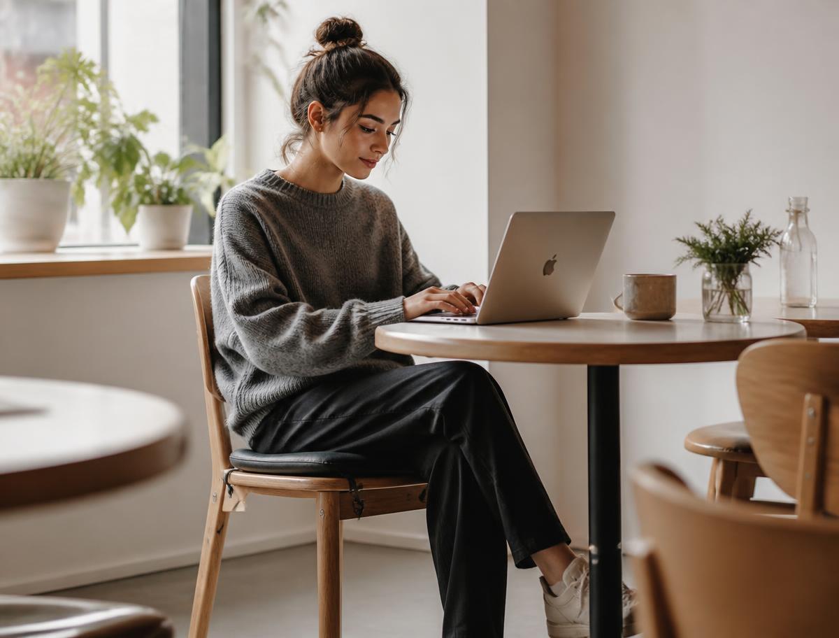 Studentin arbeitet im Café auf dem ergonomischen Sitzkissen